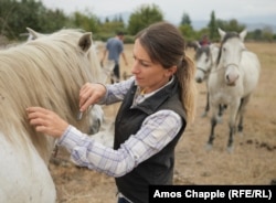 In the lowlands at the foot of the mountains, Ididze brushes the mane of the horse she will be riding.