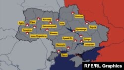 Мапа расейскіх ракетных удараў па Ўкраіне 10 кастрычніка 2022 года