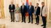 Armenian Prime Minister Nikol Pashinian (third from left) meets with French senators in Yerevan on September 28.