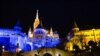 Fisherman's Bastion in Budapest in Ukrainian national colours