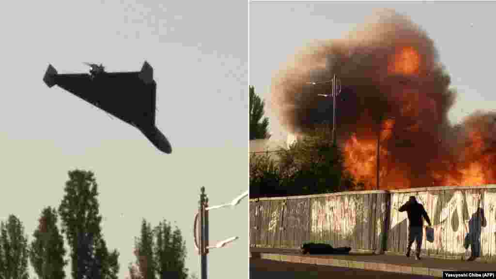 На фотографиях запечатлены моменты до и после удара иранского беспилотника-камикадзе, управляемого Россией, в Киеве 17 октября 2022 года.