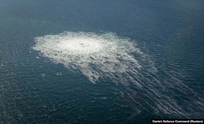 Gas bubbles from the leak in the Nord Stream 2 pipeline spread over an area larger than 1 kilometer near Bornholm, Denmark, on September 27.