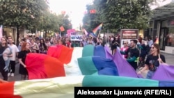 LGBT supporters marched through the closed streets of Podgorica's city center on October 8, with police monitoring the gathering with the use of drones flying overhead.