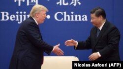 АҚШ президенті Дональд Трамп (сол жақта) пен Қытай президенті Си Цзиньпин. Пекин, 9 қараша 2017 жыл