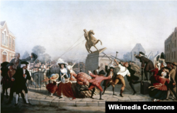 Жители Нью-Йорка сносят статую Георга III 9 июля 1776 года после принятия Декларации независимости. Художник Уильям Уолкат. 1854