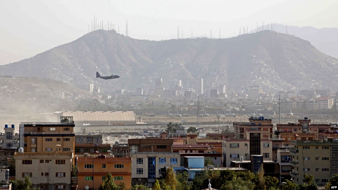 A military aircraft takes off from the military airport in Kabul on August 27.