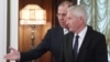 Russian Foreign Minister Sergei Lavrov welcomes Thorbjorn Jagland, secretary-general of the Council of Europe, during a meeting at the Russian Foreign Ministry in Moscow on October 20. The talks were described by Jagland's spokesman as "constructive."