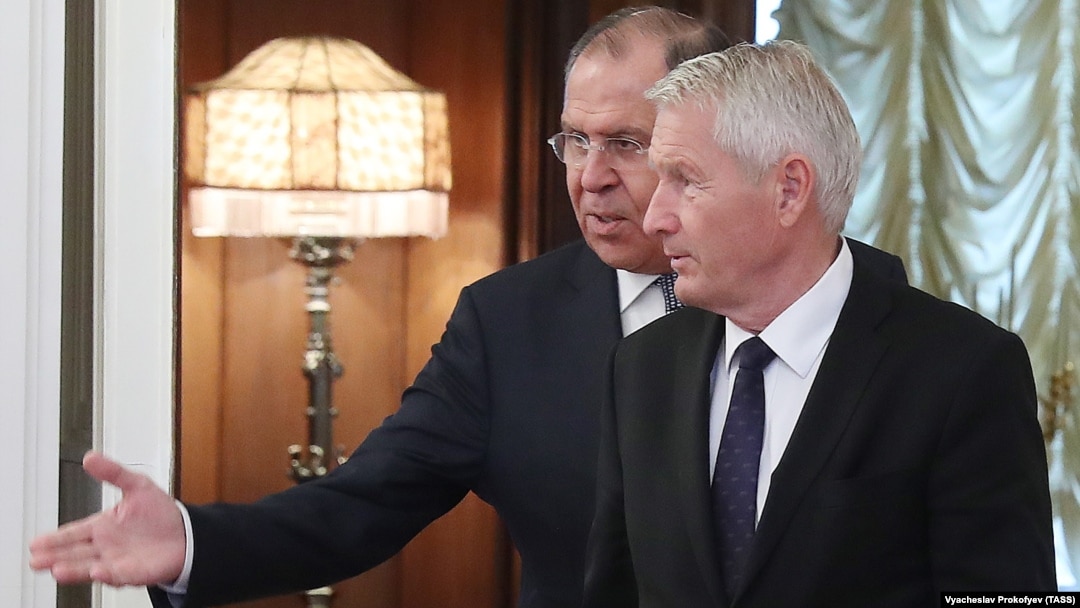 Russian Foreign Minister Sergei Lavrov welcomes Thorbjorn Jagland, secretary-general of the Council of Europe, during a meeting at the Russian Foreign Ministry in Moscow on October 20. The talks were described by Jagland's spokesman as "constructive."