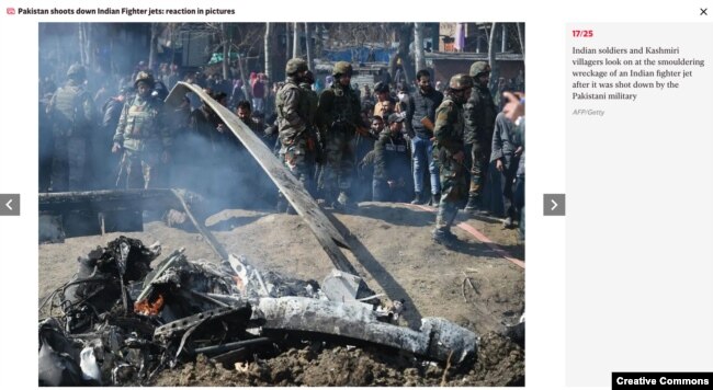 Screen grab of a photo gallery in The Independent that erroneously identified the aftermath of a helicopter crash as the wreckage of a jet fighter.