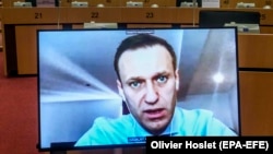 Russian opposition leader Aleksei Navalny takes part in a video hearing at the European Parliament in Brussels on November 27, 2020.