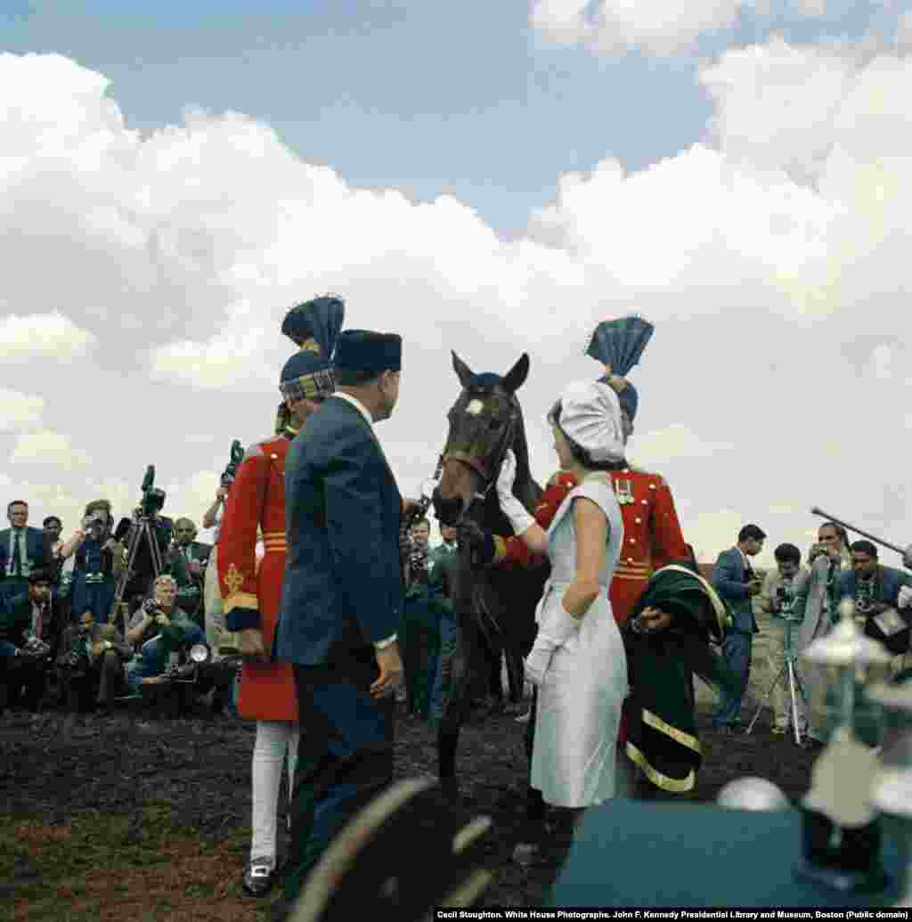 At the end of the ceremonies at the cattle fair, President Khan gifted Mrs. Kennedy this horse, named Sardar. The horse was later transported back to the United States -- skipping quarantine procedures after the first lady asked her husband to intervene on its behalf.