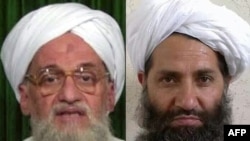 A combo photo shows Al-Qaeda chief Ayman al-Zawahiri (left) and Taliban leader Mawlawi Haibatullah Akhundzada.