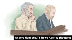 A courtroom sketch of Hamid Nouri (left), who is accused of involvement in the massacre of political prisoners in Iran in 1988, sitting with his attorney.