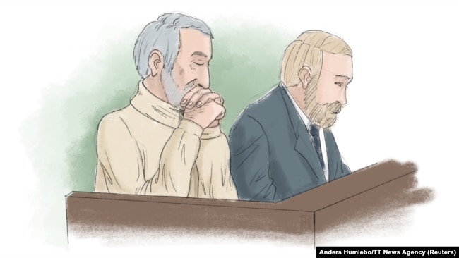 A courtroom sketch of Hamid Nouri (left), who is accused of involvement in the massacre of political prisoners in Iran in 1988, sitting with his attorney.
