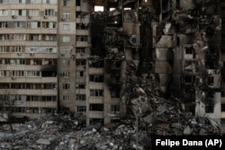 A building heavily damaged by Russian bombardments in Kharkiv.