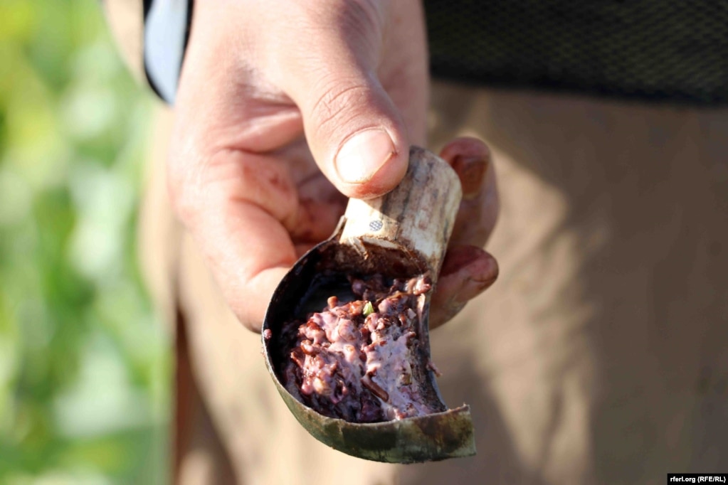 Un contadino di Kandahar mostra l'oppio grezzo fresco che ha raccolto dai boccioli di papavero.