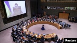 Volodimir Zelensku adresîndu-se Consiliul de Securitate ONU, 5 aprilie 2022