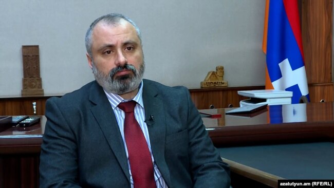 Davit Babayan, the Karabakh foreign minister, is interviewed by RFE/RL in Stepanakert, March 31, 2022.