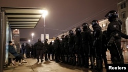 Police line up during a protest against Russia's invasion of Ukraine in St. Petersburg on March 2.