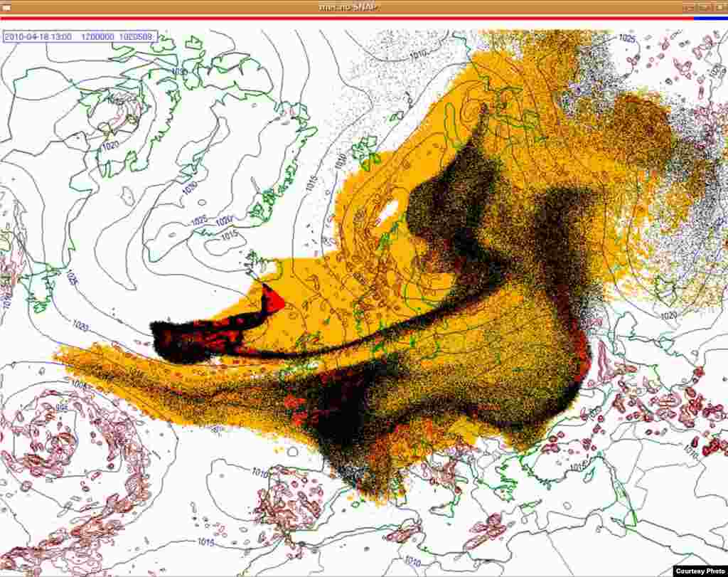Projected spread of Icelandic ash cloud (18.4. 1300 UTC) - These images show a projection of the movement of the ash clouds from the Iceland volcanic eruption moving over Europe. The colors on the map represent: yellow: ash that has fallen by itself red: ash that has fallen by precipitation black: the actual ash cloud Source: Norwegian Meteorological Institute