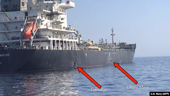 A slide provided by U.S. Central Command damage shows an explosion (left) and a likely limpet mine can be seen on the hull of the civilian vessel M/V Kokuka Courageous in the Gulf of Oman on June 13.