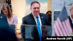 U.S. -- U.S. -- Secretary of State nominee Mike Pompeo leaves a meeting on Capitol Hill in Washington, April 9, 2018