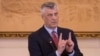 Kosovar President Hashim Thaci gestures during a press conference of his cabinet in Pristina on March 8, 2017.