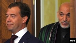 Russian President Dmitry Medvedev (left) and his Afghan counterpart Hamid Karzai during bilateral talks in August