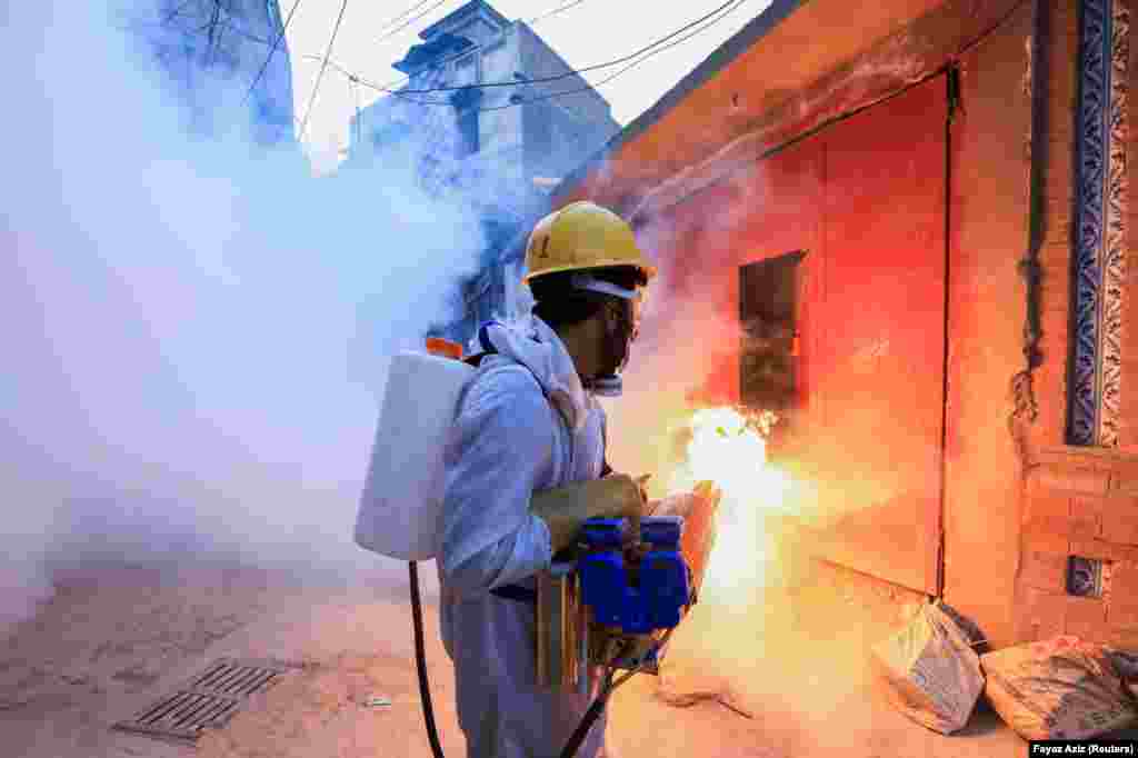 A worker fumigates a street in Peshawar, Pakistan, to help stem the spread of the dengue virus in the city.&nbsp;