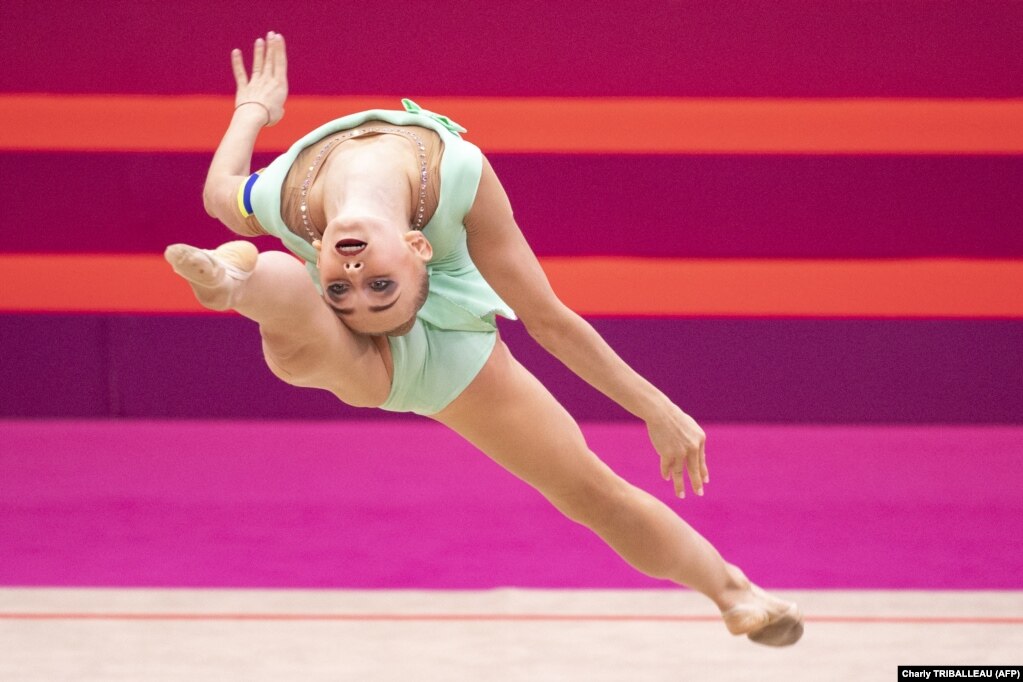 Ukraine&#39;s&nbsp;Viktoriya Onopriyenko competes in a qualification round during the Rhythmic Gymnastics World Championships at the West Japan General Exhibition Center in Kitakyushu, Japan.