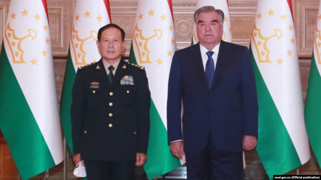 The proposal to transfer ownership of the base to China was presented by Tajik President Emomali Rahmon (right) to Chinese Defense Minister Wei Fenghe during his trip to Tajikistan earlier this year. 