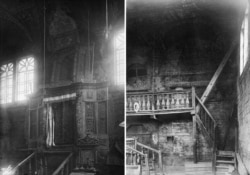 На фото ліворуч ‒ арон кодеш синагоги у Смотричі. Саме там зберігали сувої Тори. На фото праворуч ‒ сходи на хори молитовного залу