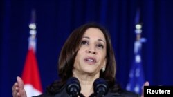 Singapore -- U.S. Vice President Kamala Harris delivers a speech at Gardens by the Bay in Singapore before departing for Vietnam on the second leg of her Asia trip, August, 24, 2021. REUTERS/Evelyn Hockstein/Pool