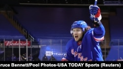 New York Rangers left wing Artemi Panarin celebrates after a goal against the New Jersey Devils during the second period at Madison Square Garden in January.