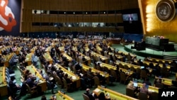 Sednica na kojoj je donesena odluka da se Rusija isključi iz Saveta za ljudska prava UN, 7. april 2022.