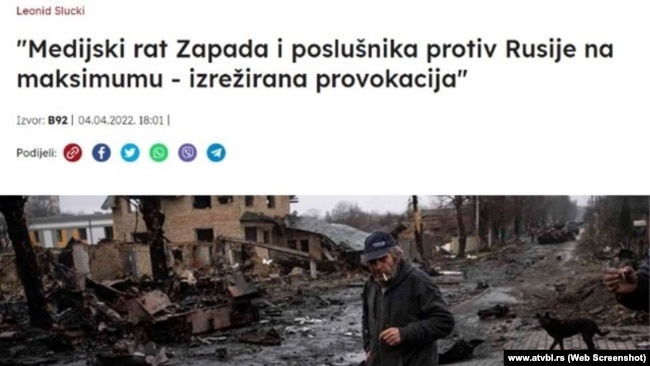 Skrinšot objave na portalu Alternativne televizije (ATV) o masakru u Buči, 4. april 2022.