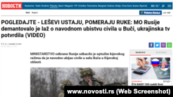 Skrinšot objave Novosti o masakru u Buči u Ukrajini 3. aprila 2022.