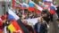 People take part in a pro-Russia rally in Frankfurt on April 10.