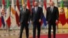 Belgium - European Council President Charles Michel, Armenian Prime Minister Nikol Pashinian and Azerbaijani President Ilham Aliyev begin a trilateral meeting in Brussels, April 6, 2022.