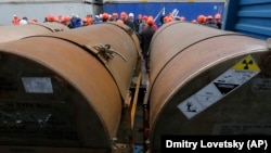 Containers with uranium at a port in St. Petersburg, Russia (file photo)