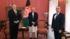 Afghan President Ashraf Ghani (C) with the U.S. Secretary of State Mike Pompeo (L) and Vice President Amrullah Saleh in the Arg presidential palace on March 23.