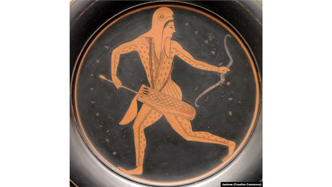 An ancient Greek illustration of a Scythian warrior. A favored weapon of the Scythians was a bow made with layers of springy bone and wood, and animal sinew.