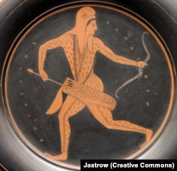 An ancient Greek illustration of a Scythian warrior. A favored weapon of the Scythians was a bow made with layers of springy bone and wood, and animal sinew.