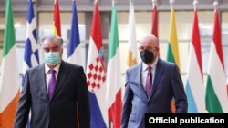 Президент Таджикистана Эмомали Рахмон и председатель Европейского совета Шарль Мишель, Брюссель, 11 октября 2021 года