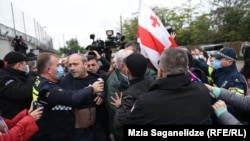 Dozens of people gathered in front of the detention center in the city of Rustavi on October 8.