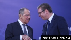 Russian Foreign Minister Sergei Lavrov meets with Serbian President Aleksandar Vucic in Belgrade in October 2021. 
