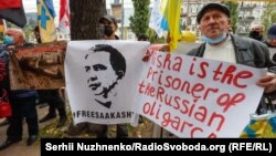 Пікет під посольством Грузії в Україні. Напис на плакаті – «Міша – це вʼязень російського олігарха» (натяк на Бідзіну Іванішвілі, який має вплив на грузинську владу)