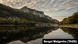 CRIMEA - - Mangup lake at the foot of the cave city-fortress Mangup-kale - Bakhchisarai district, Ukraine, 13Oct2021