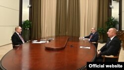 Russian President Vladimir Putin, Armenian Prime Minister Nikol Pashinian, Azerbaijani President Ilham Aliyev meet in Sochi, Nov. 26, 2021