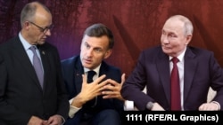 Коллаж: Мерц, Макрон и Путин